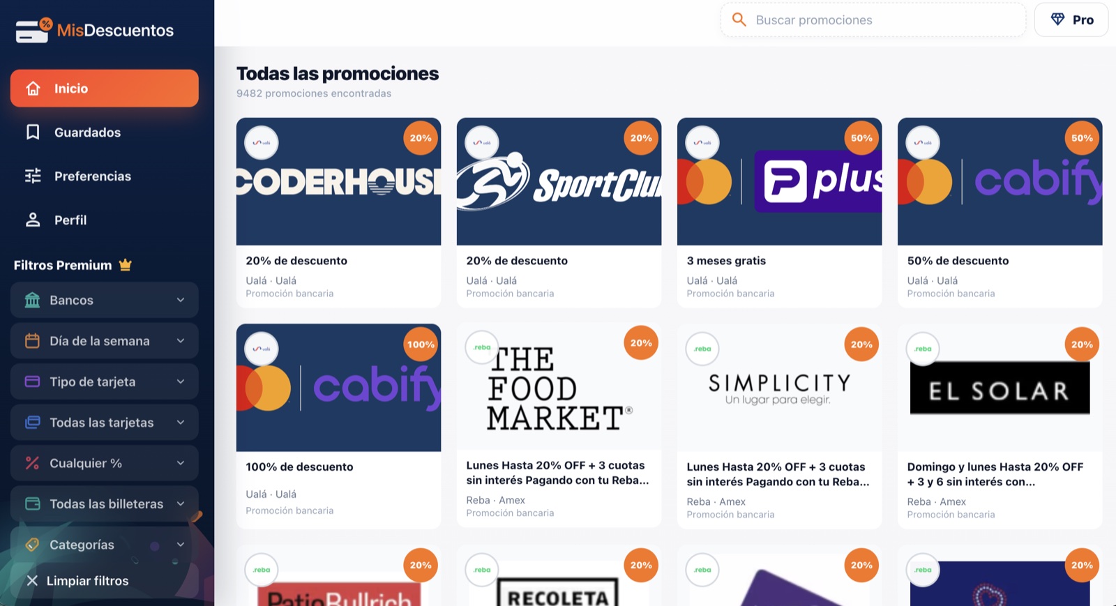 Vista de MisDescuentos, plataforma de promociones